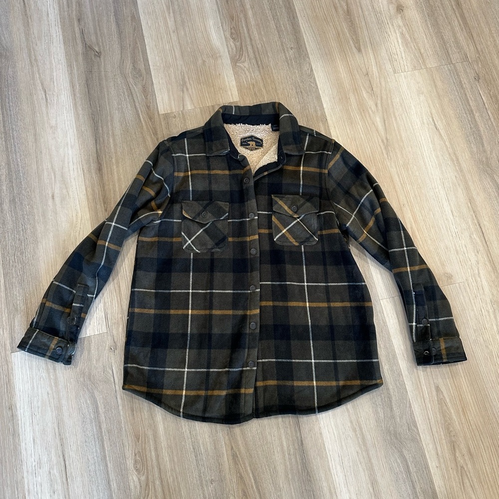 The Foundry Supply Co. Black and Olive Plaid Sherpa-Lined Button-Down Shirt
